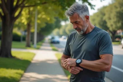 Homme d'&acirc;ge moyen avec montre connect&eacute;e en pause sur trottoir