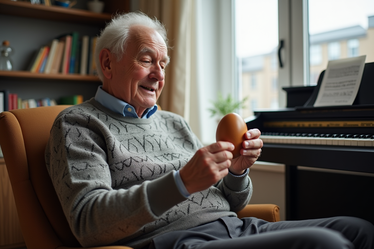 Homme âgé secouant un œuf en bois lors d