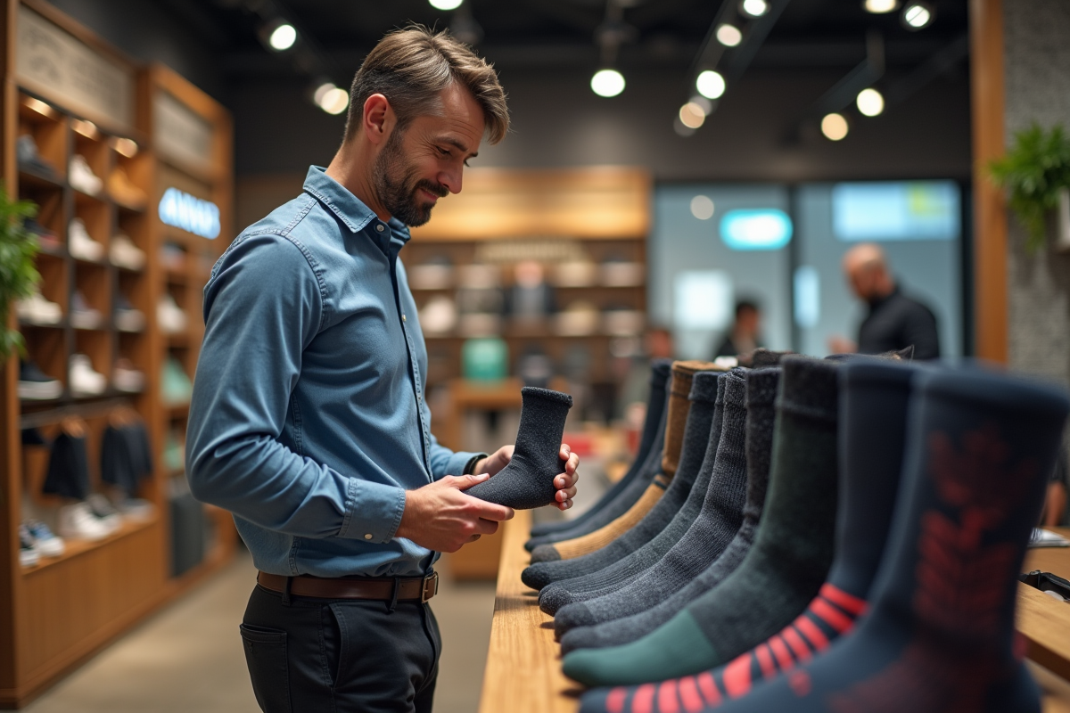 Homme d age moyen examinant des chaussettes hightech en magasin moderne