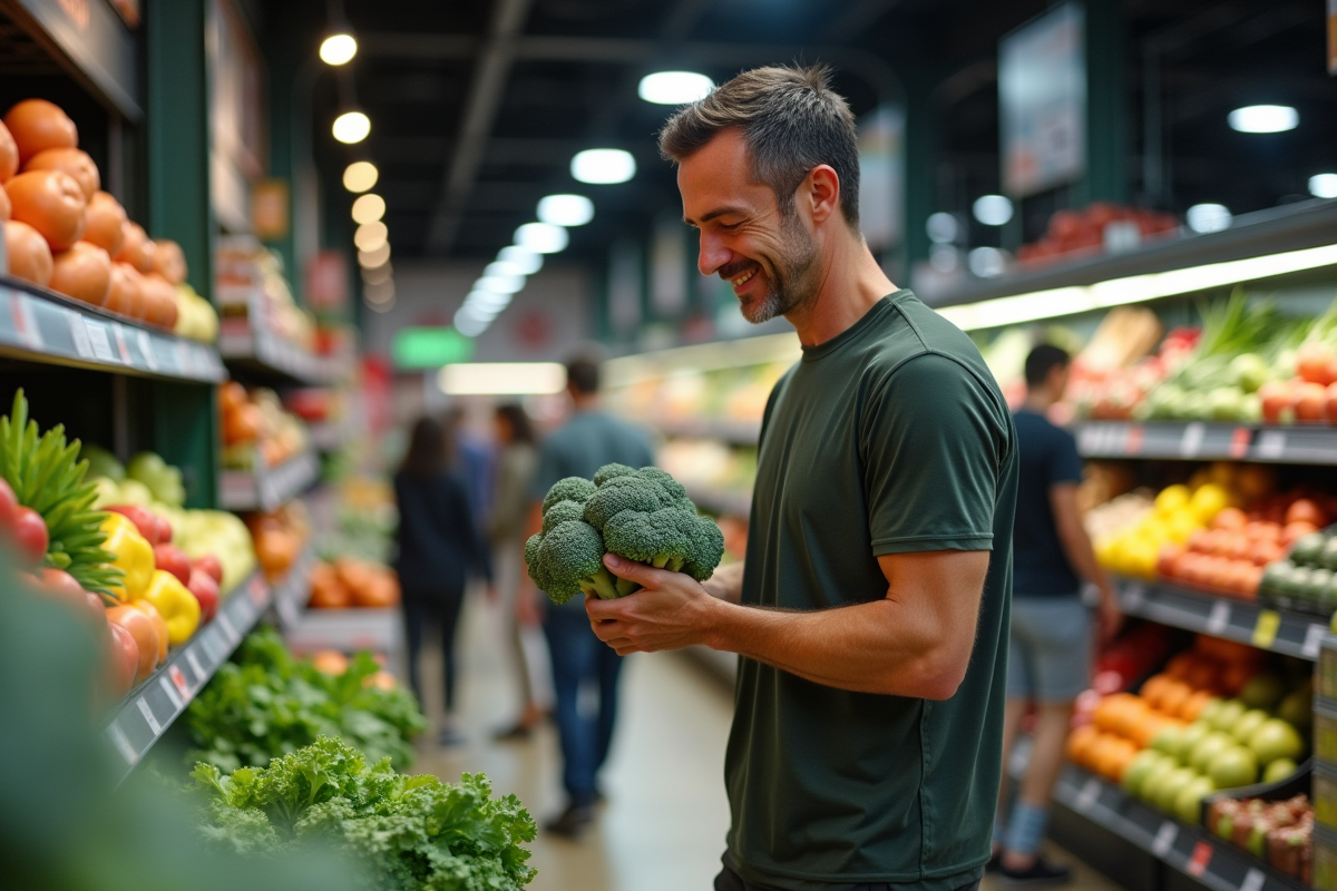 Homme inspectant un brocoli dans le rayon fruits et légumes