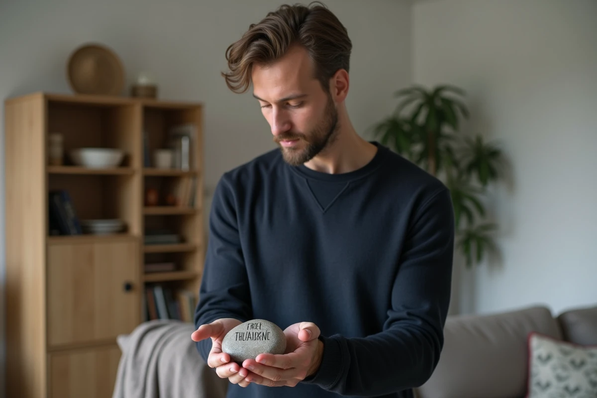 Homme contemplant un worrying stone gravé personnalisé, cadeau anti-stress en pierre naturelle pour adulte