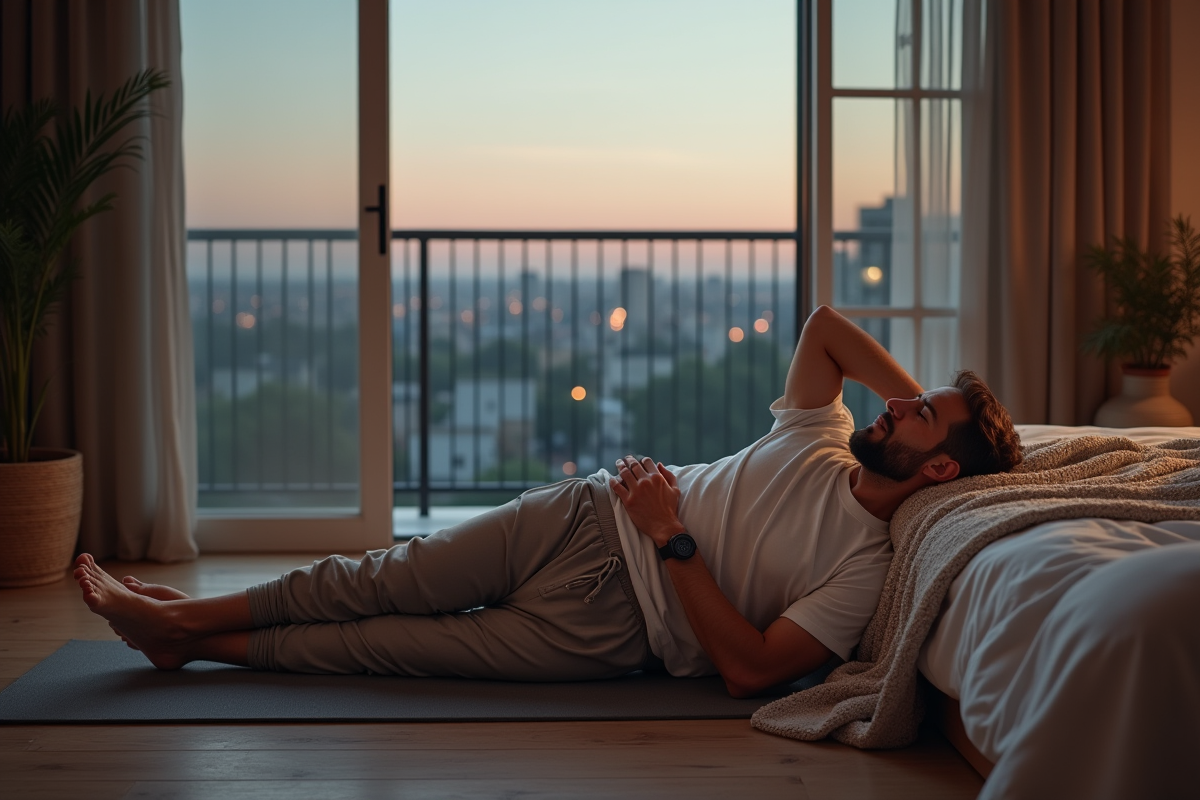 Homme faisant du yoga sur un tapis au balcon en ville