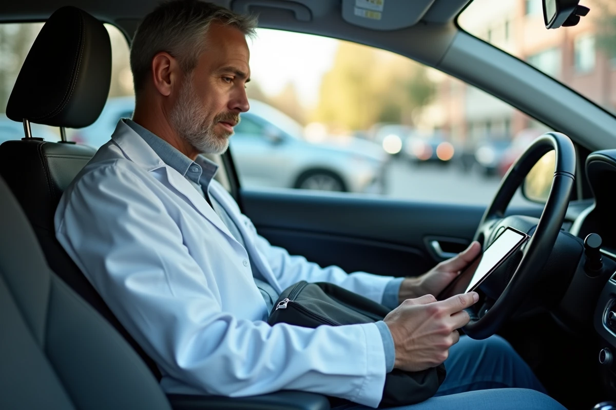 Infirmier en voiture utilisant une tablette pour planifier