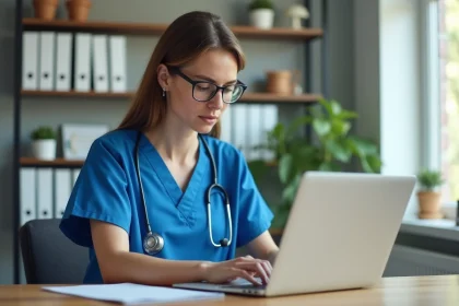 Infirmi&egrave;re en blouse bleue travaillant &agrave; son bureau &agrave; domicile