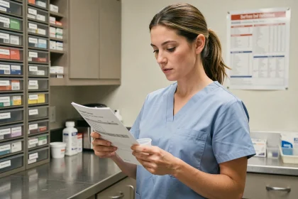 Infirmière calculant une dose médicamenteuse dans une salle de préparation hospitalière