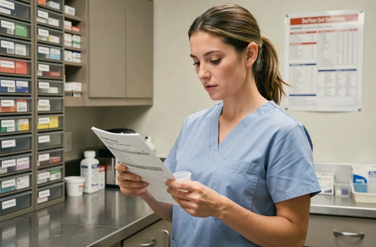 Infirmière calculant une dose médicamenteuse dans une salle de préparation hospitalière