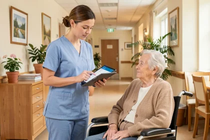 Infirmière en EHPAD consultant un logiciel de gestion des soins sur tablette auprès d'un résident en fauteuil roulant