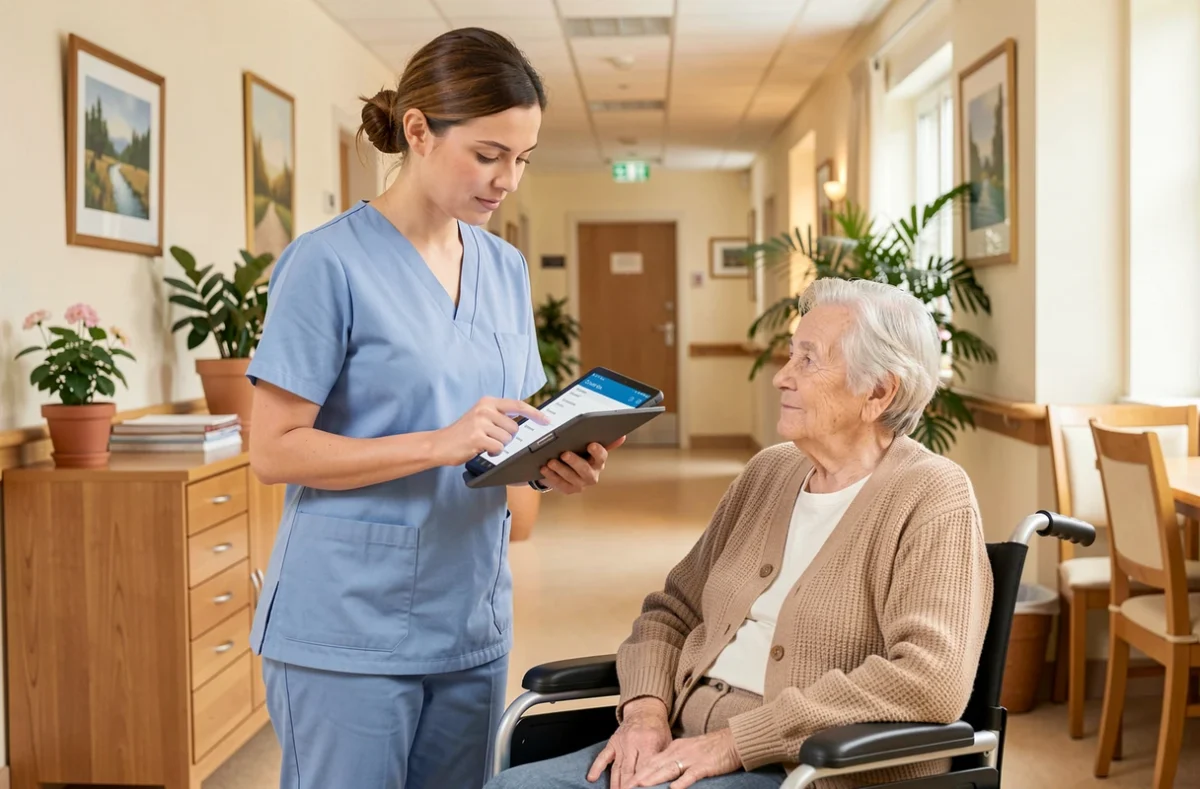 Infirmière en EHPAD consultant un logiciel de gestion des soins sur tablette auprès d'un résident en fauteuil roulant