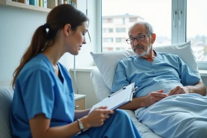 Infirmi&egrave;re en blouse bleue avec patient &acirc;g&eacute; dans un h&ocirc;pital