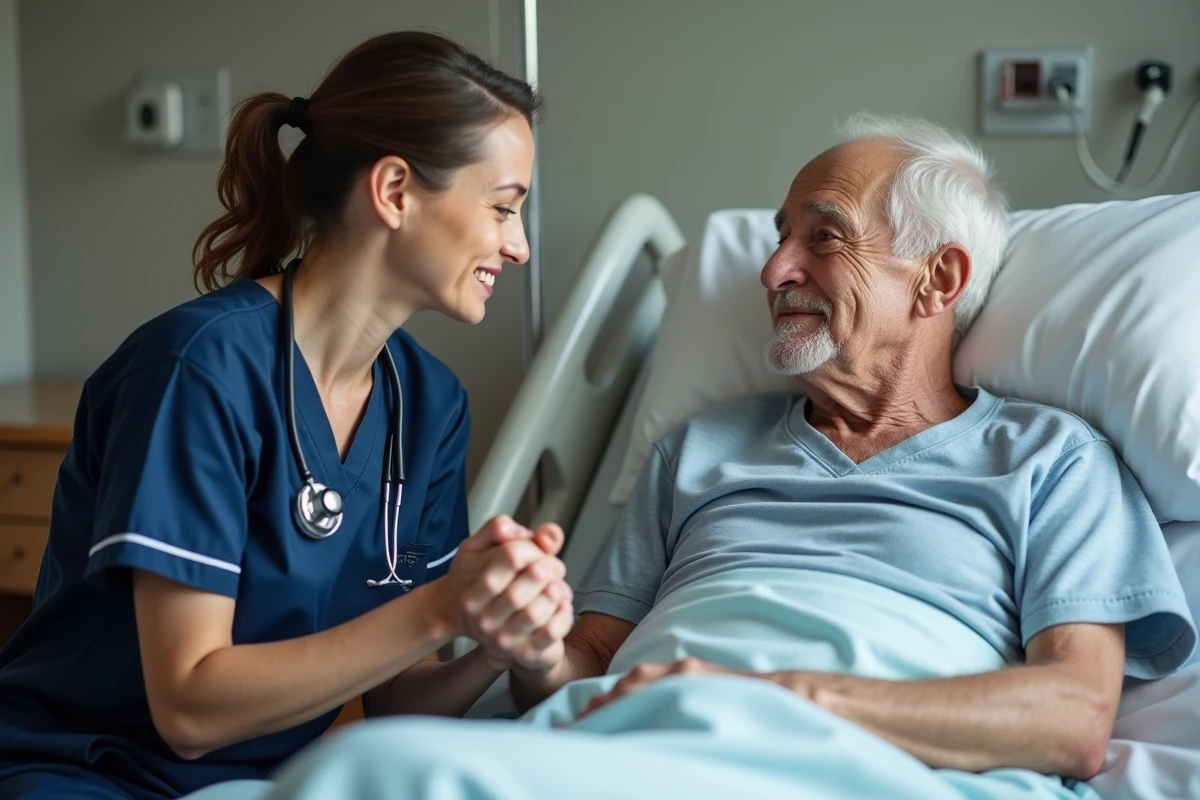Infirmière en blouse bleue tenant la main d'une personne âgée