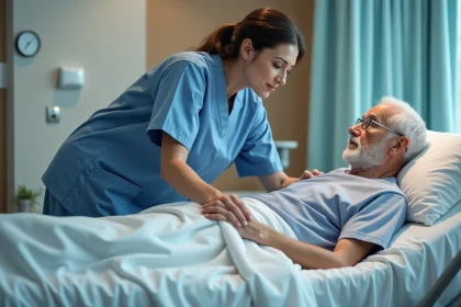 Infirmi&egrave;re repositionne un patient &acirc;g&eacute; dans un lit d'h&ocirc;pital