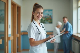 Jeune infirmière stagiaire souriante dans un couloir d'ehpad