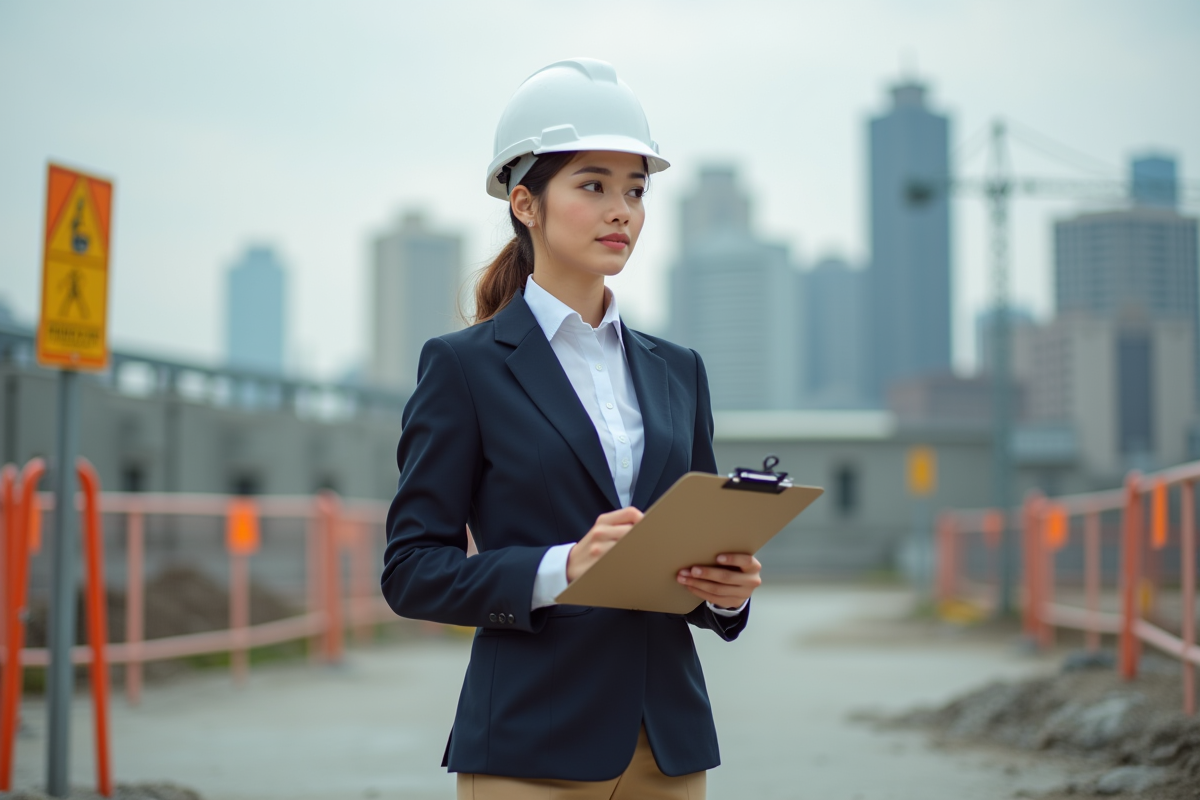Jeune femme ingenieur inspectant un chantier en exterieur