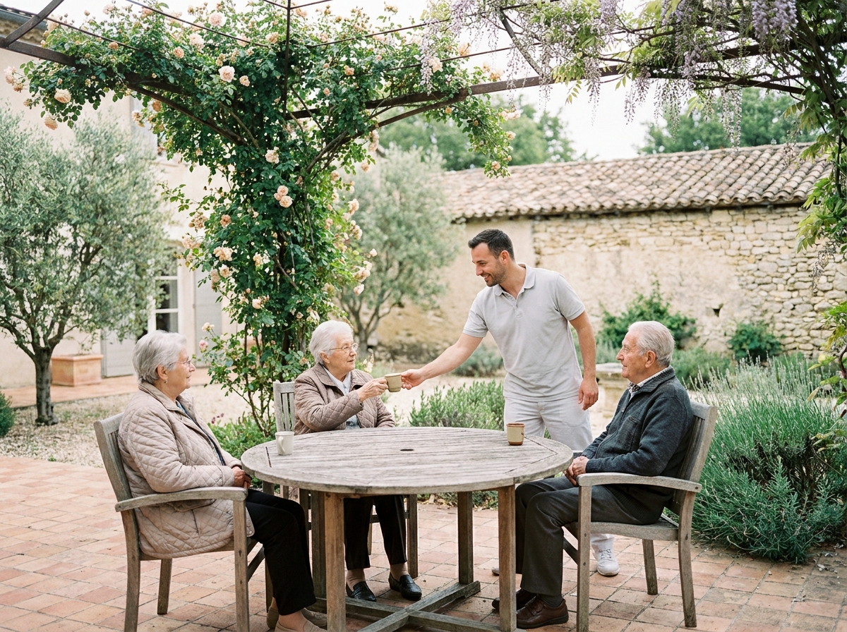 Groupe de résidents seniors profitant du jardin extérieur d'un Ehpad avec l'accompagnement d'un soignant sous une pergola