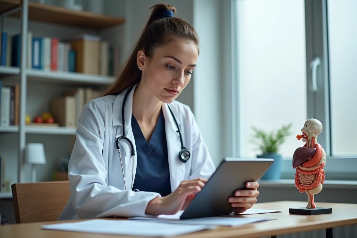 Jeune femme m&eacute;decin utilisant une tablette dans son bureau