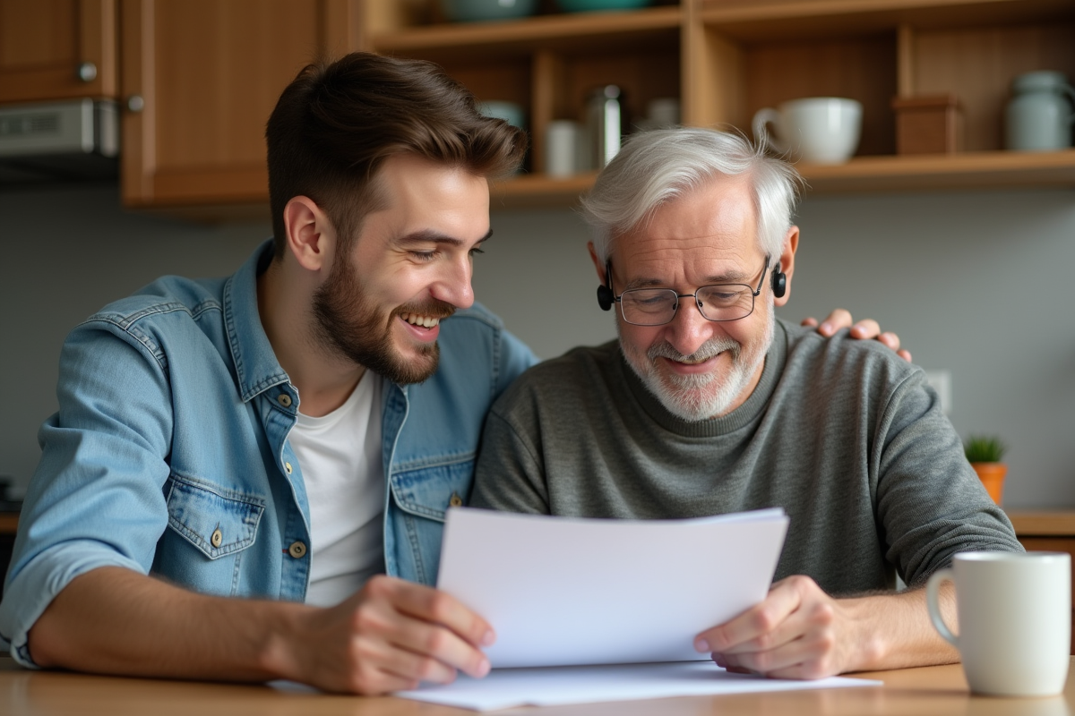 Jeune homme et homme âgé examinant un document ensemble