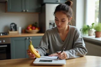 Jeune femme pesant une banane dans une cuisine moderne
