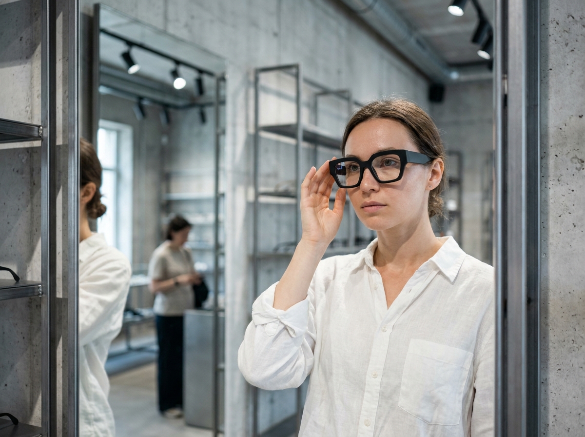 Jeune femme essayant des lunettes oversize avant-gardistes devant un miroir dans un concept store industriel