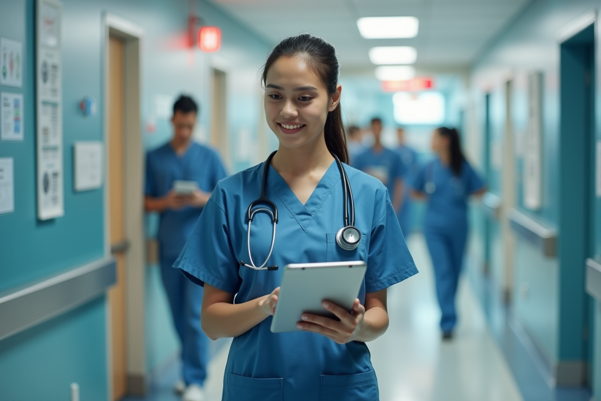 Jeune étudiante en médecine dans un couloir d
