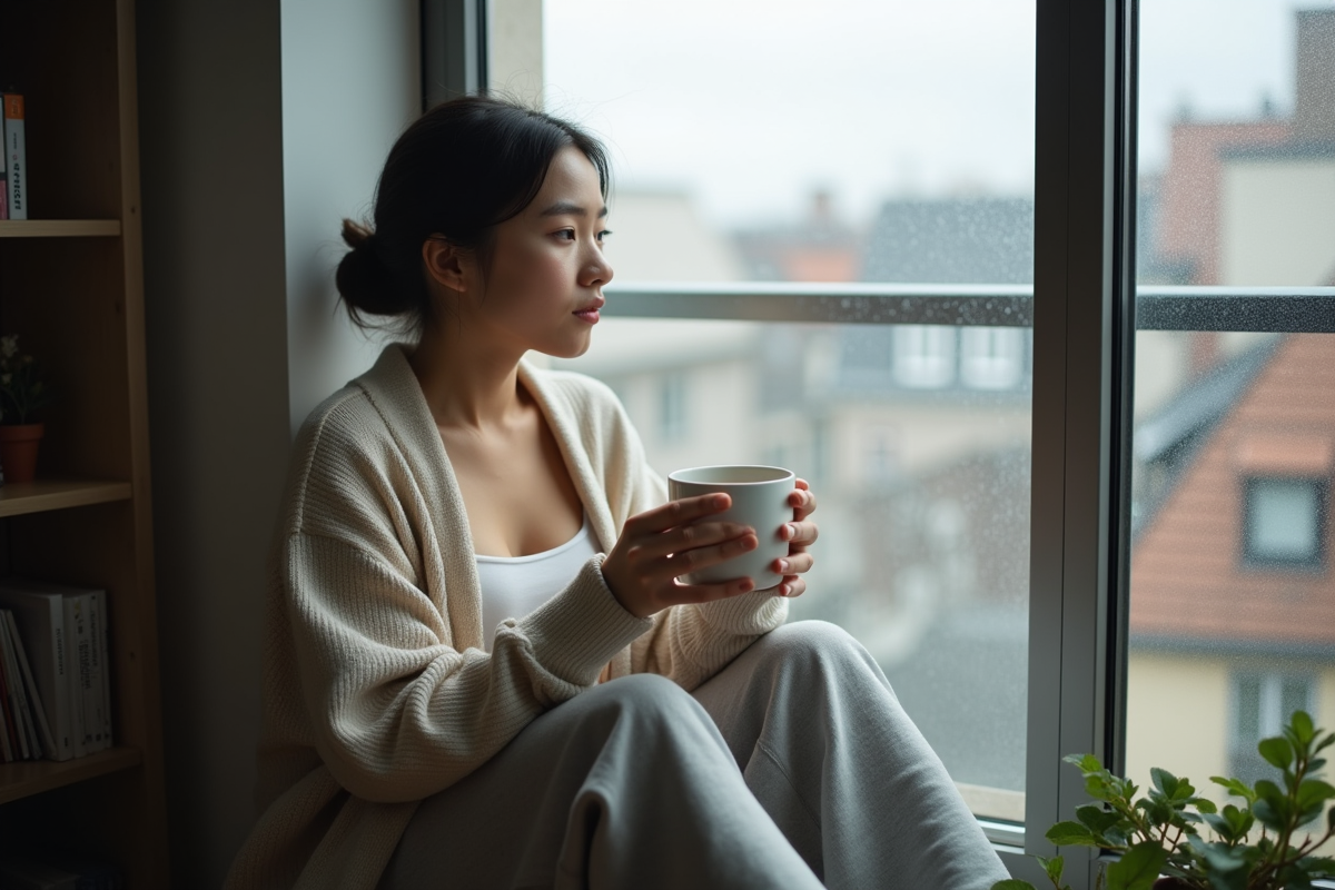 Jeune femme dans un appartement regardant par la fenêtre