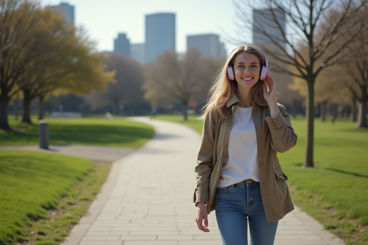 Jeune femme souriante dans un parc urbain