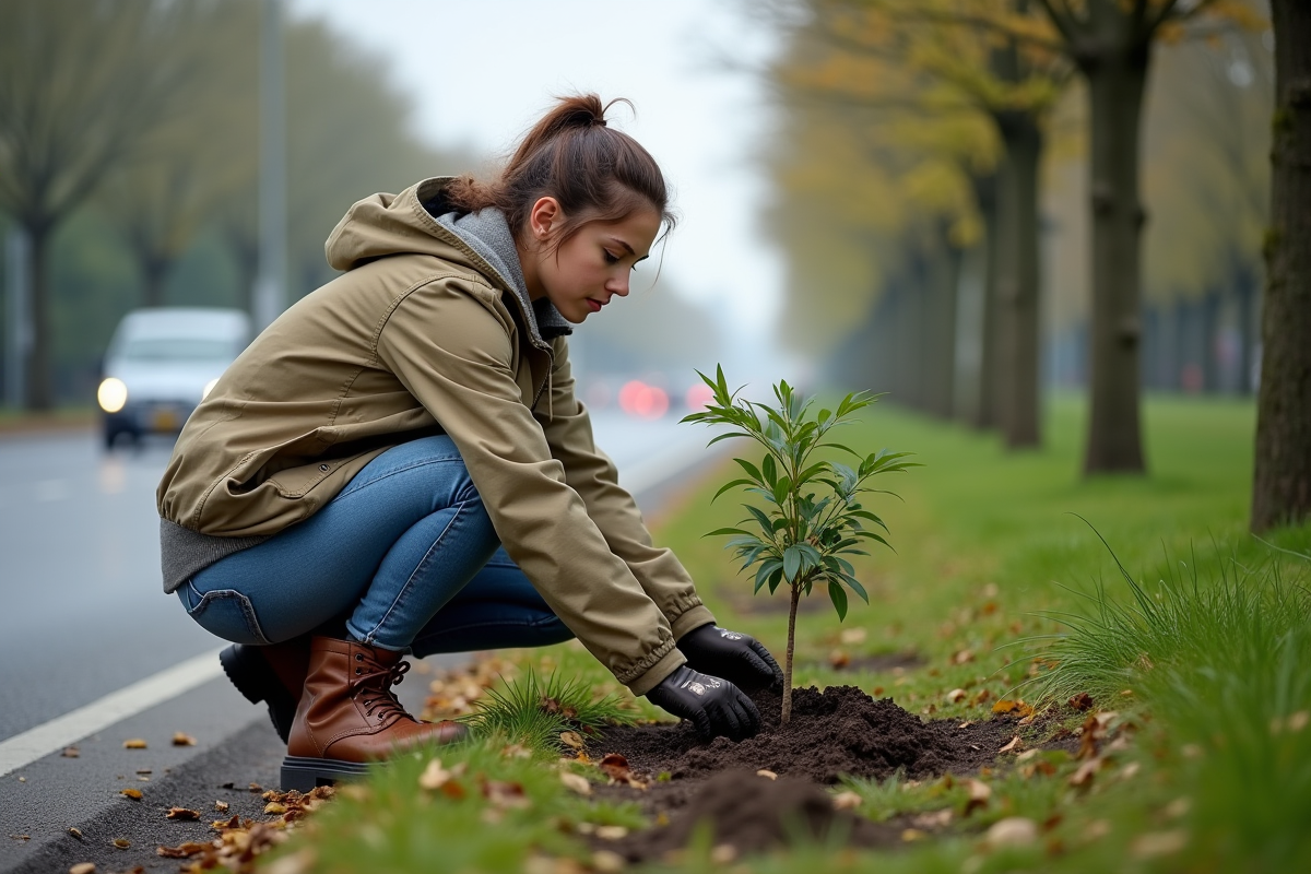 Jeune femme plante un jeune arbre en ville sur une bande verte