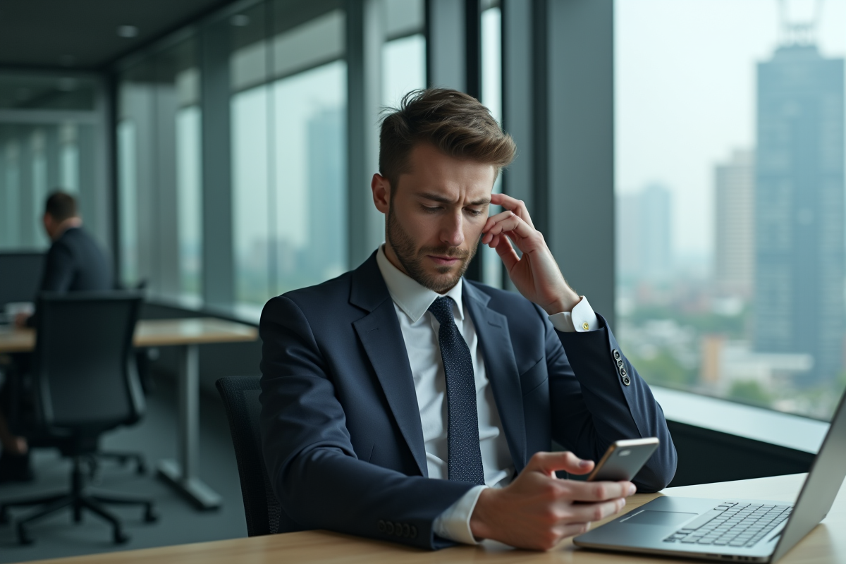 Jeune homme en costume anxieux regardant son smartphone