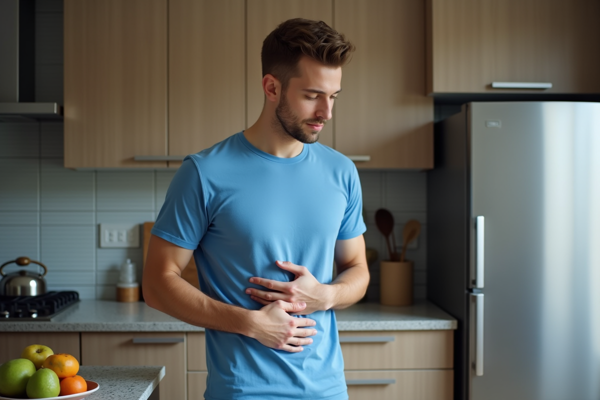 Jeune homme dans la cuisine avec fruits et contemplation