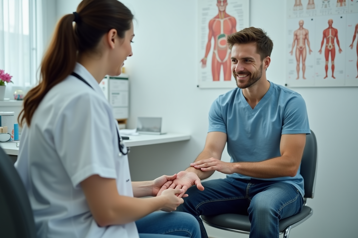 Jeune homme montrant sa main à un professionnel de santé en consultation