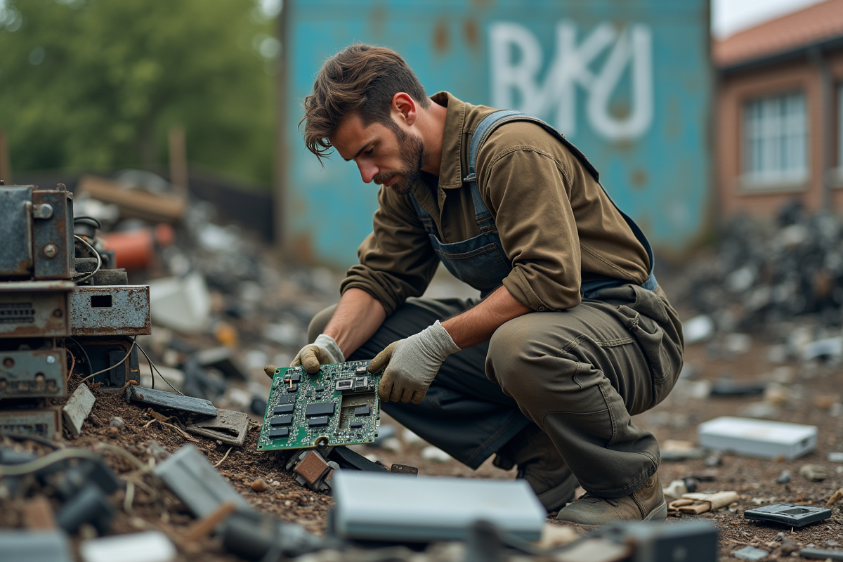 Jeune homme inspectant des déchets électroniques en décharge
