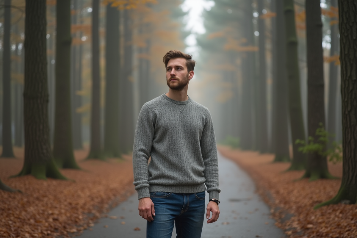 Jeune homme dans la forêt au matin avec un air serein