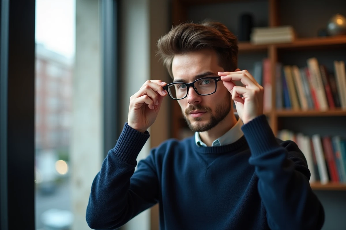 Jeune homme regardant ses lunettes avec attention