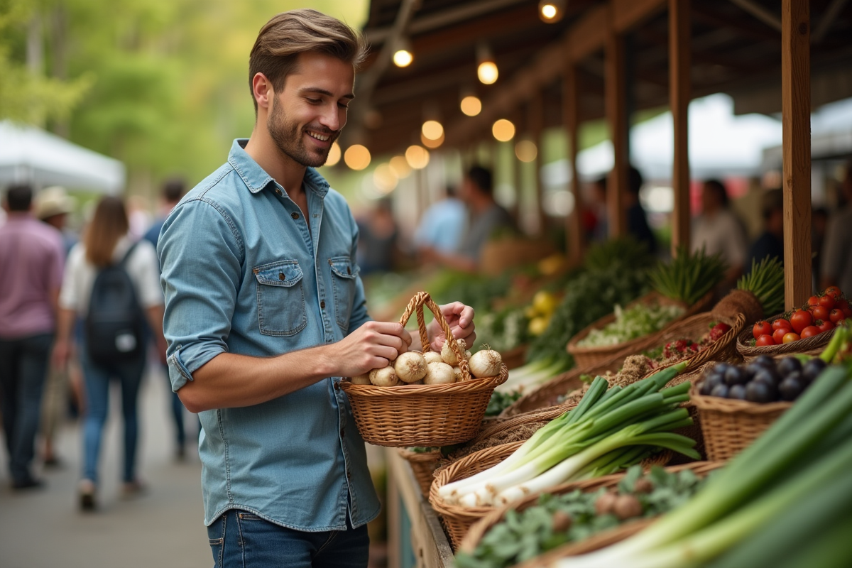 Jeune homme achetant des aliments riches en prebiotiques au marché