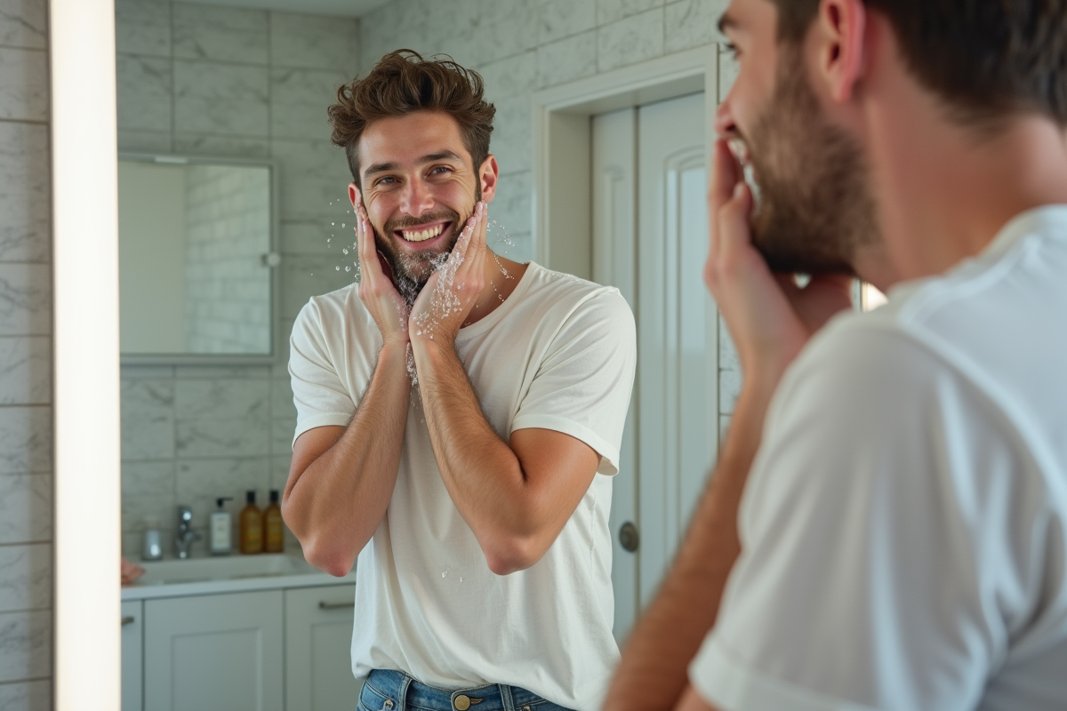 Jeune homme se regardant dans le miroir de la salle de bain