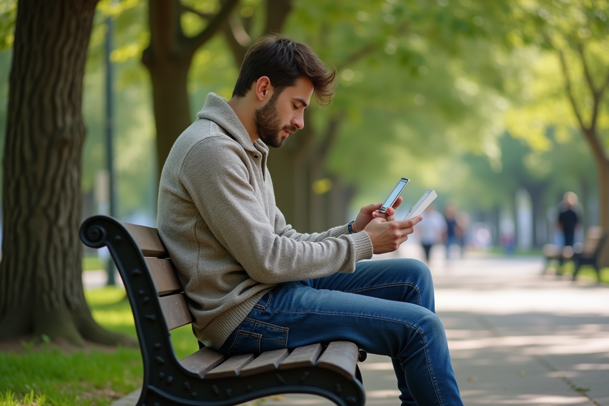 Jeune homme lisant une boîte de médicaments sur un banc de parc