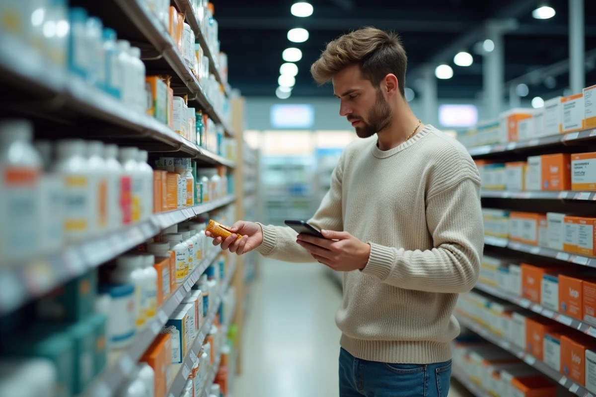 Jeune homme cherchant des compléments dans une pharmacie
