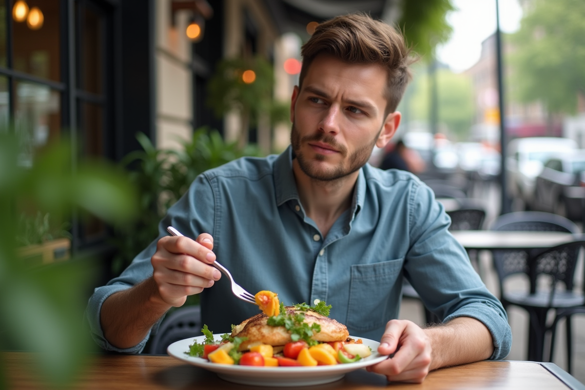 Jeune homme mangeant un repas nutritif en terrasse de café urbaine