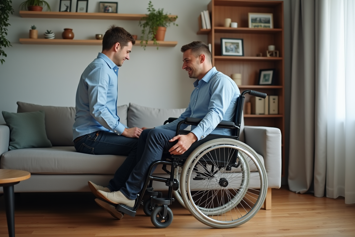 Jeune homme en fauteuil transférant vers le sofa
