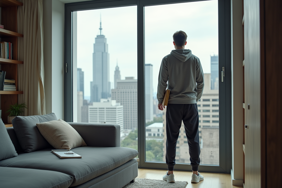 Jeune homme regardant la ville depuis la fenêtre