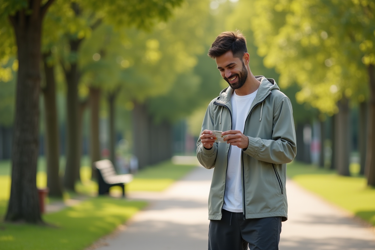 Jeune homme vérifiant une capsule de vitamine D dans un parc