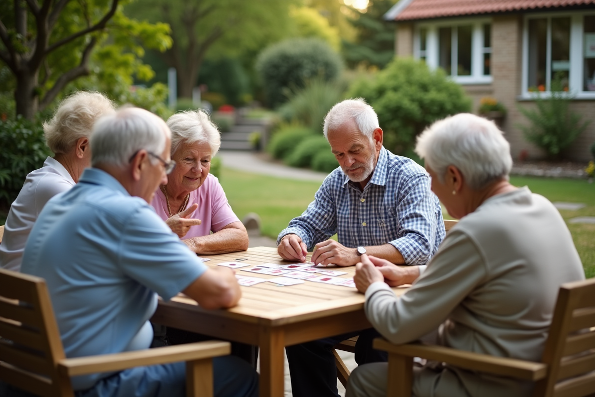 Groupe de seniors jouant à un jeu de cartes en extérieur