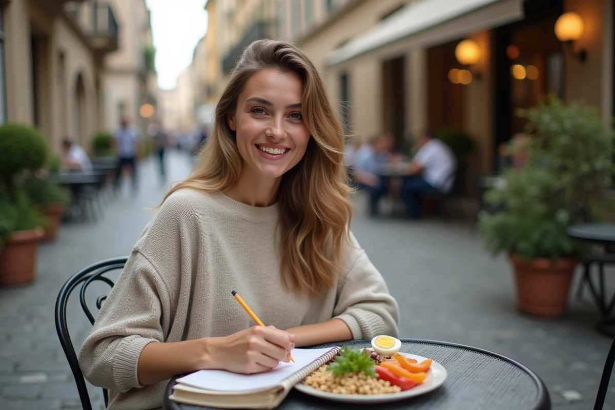 Femme notant son journal alimentaire en terrasse de café avec un repas équilibré, dans le cadre d'un suivi nutritionnel