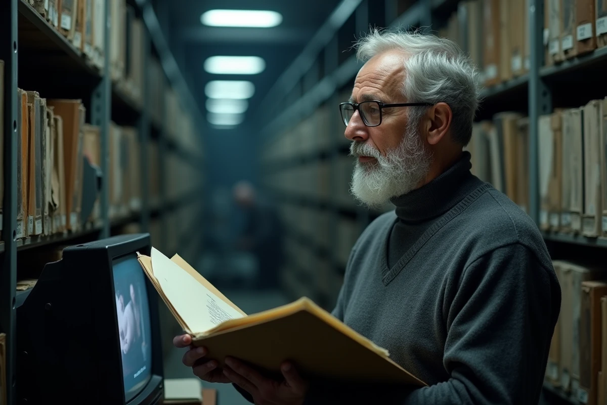 Journaliste expérimenté consultant des archives télévisuelles dans une salle d'archivage remplie de cassettes VHS et de bobines de diffusion anciennes