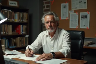 Journaliste vérifiant des informations sur une rumeur politique dans une salle de rédaction