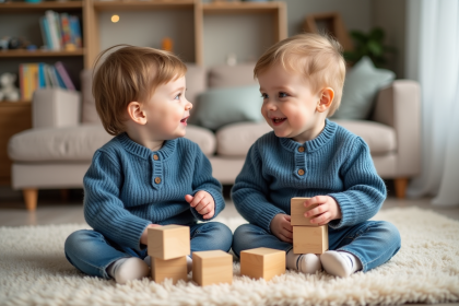 Jumeaux garçons jouant avec des blocs en bois dans le salon