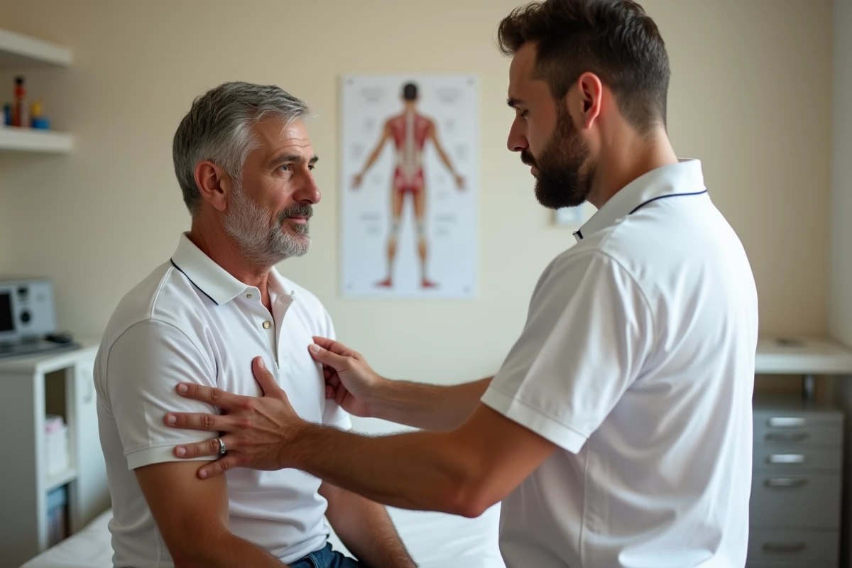 Kinésithérapeute examinant l'épaule d'un patient souffrant d'une fissure du tendon supra épineux