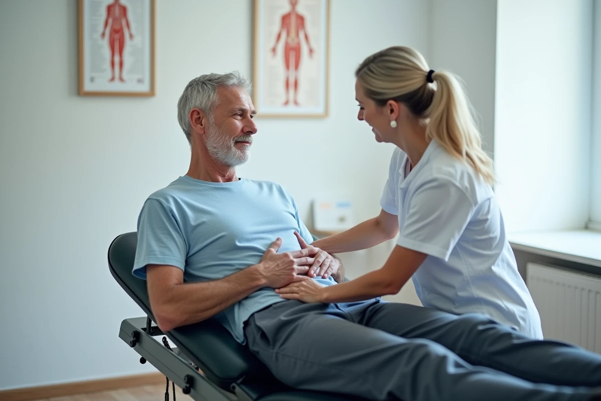Kinésithérapeute appliquant un traitement doux sur les côtes d'un patient senior lors d'une séance de rééducation