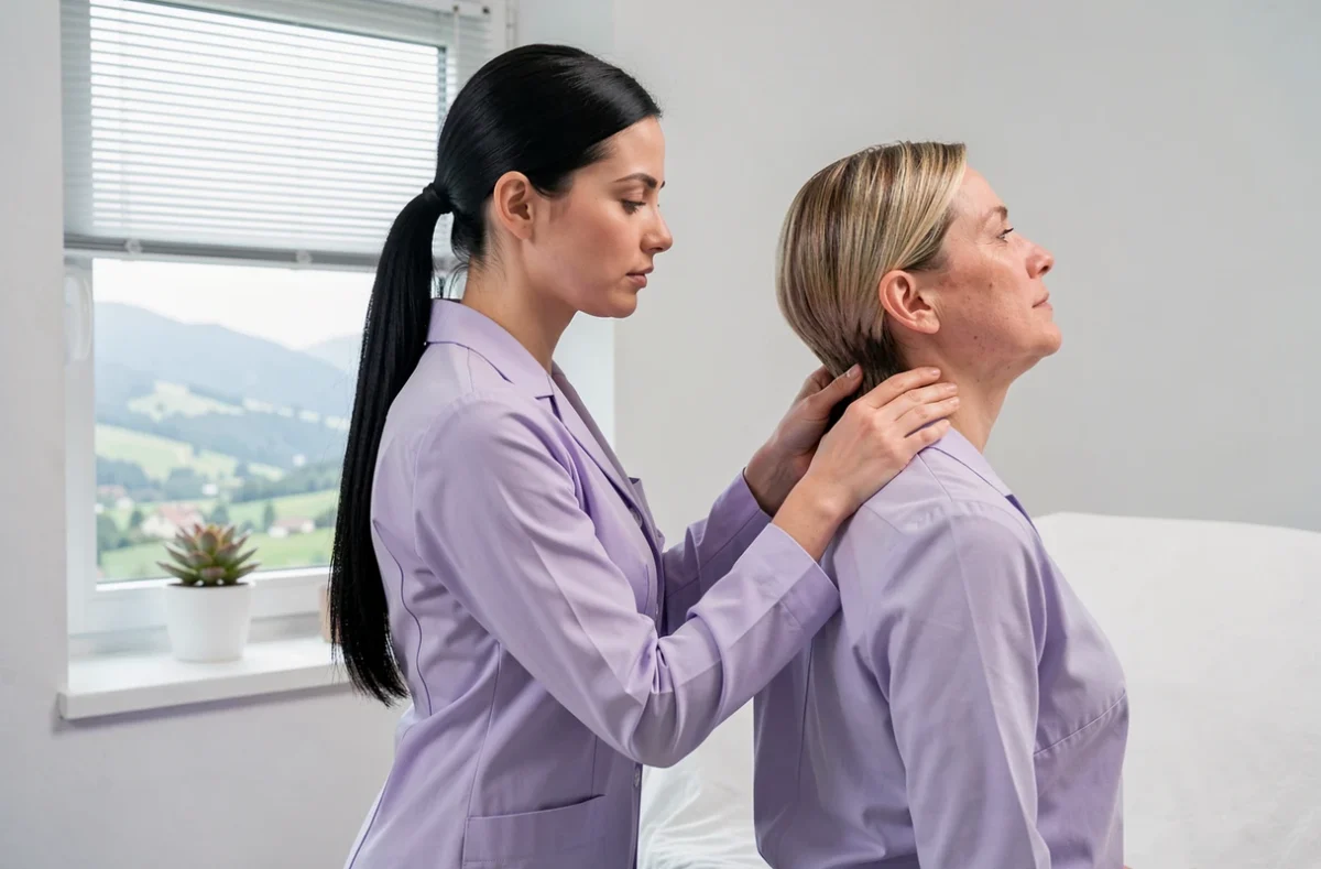 Léa Dao-Ferréol, ostéopathe, effectuant un ajustement cervical sur une patiente assise dans un cabinet moderne avec vue sur la campagne iséroise