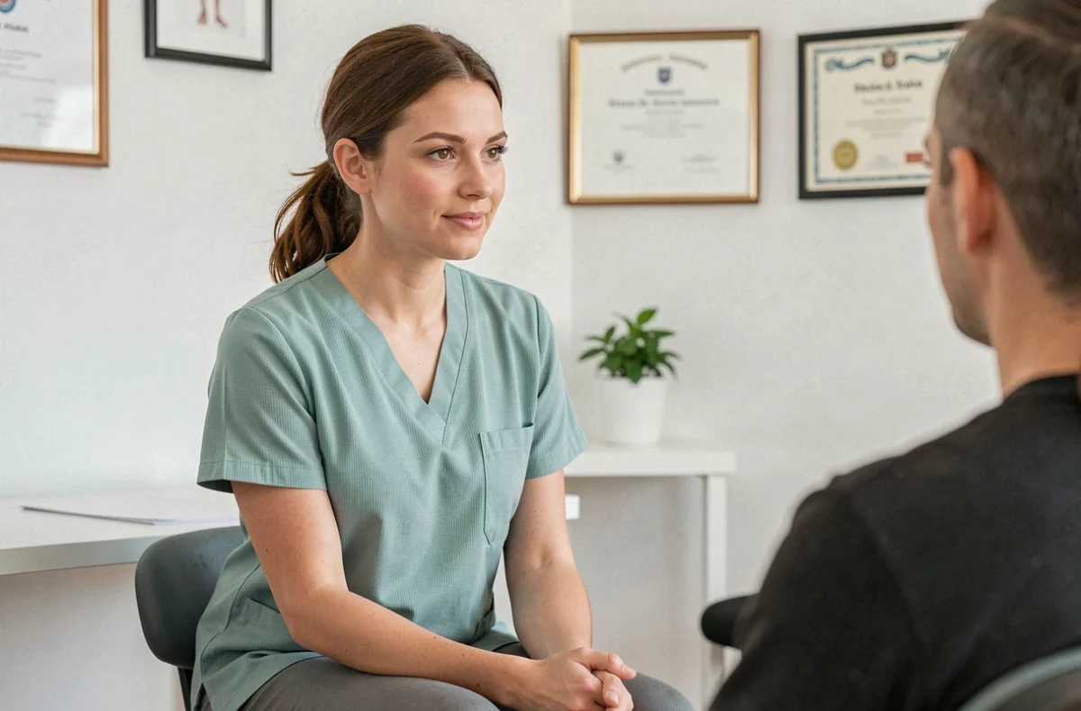 Marion Ollivier, ostéopathe, en consultation avec un patient dans un cabinet minimaliste et lumineux