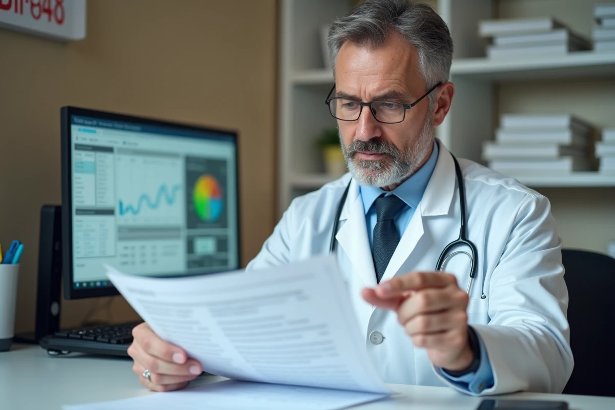 Médecin gastro-entérologue analysant un bilan hépatique avec des valeurs de bilirubine directe conjuguée dans un cabinet médical hospitalier